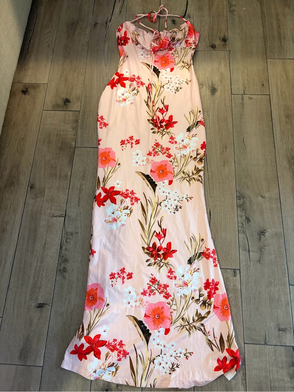 Pink Floral Halter Maxi Dress with Adjustable Tie